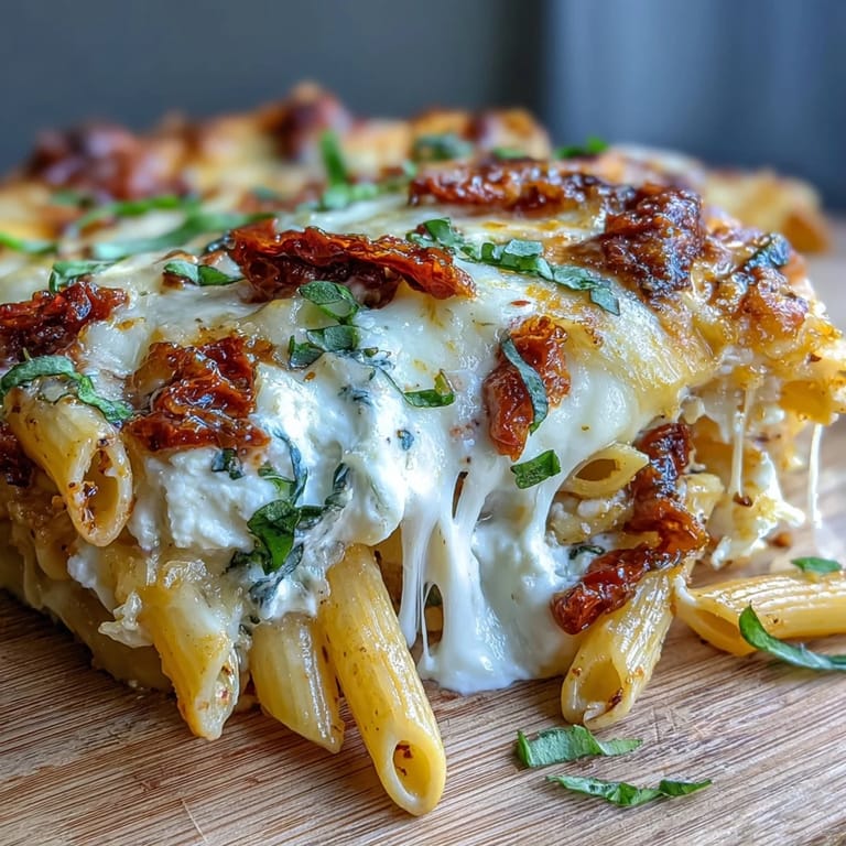 Golden baked penne pasta in a rich tomato sauce with spinach and sun-dried tomatoes, topped with gooey cheese.  