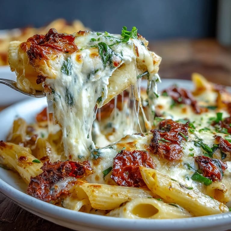 Cheesy vegetarian pasta bake loaded with sun-dried tomatoes, spinach, and ricotta, baked until irresistibly bubbly.