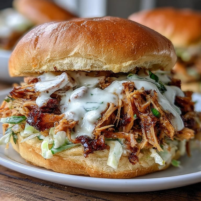 Tender, juicy smoked chicken shredded and tossed in creamy white BBQ sauce, served on toasted buns for a Southern-inspired sandwich.