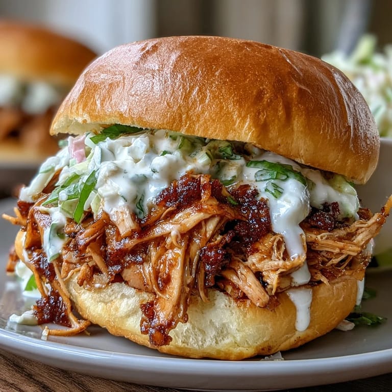 Smoky, savory pulled chicken layered on buns and finished with zesty white BBQ sauce, perfect for backyard cookouts or family dinners.