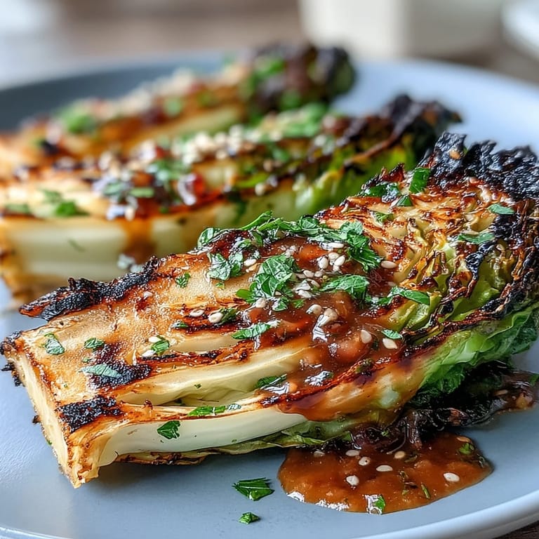 Charred cabbage wedges served with rich tahini dressing, bright parsley, and juicy pomegranate arils for a flavorful Middle Eastern-inspired dish.  