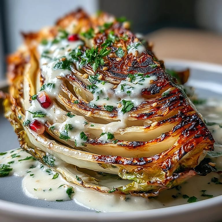 Grilled cabbage wedges topped with silky tahini sauce, vibrant parsley, and sweet-tart pomegranate seeds for a colorful, healthy vegan side.