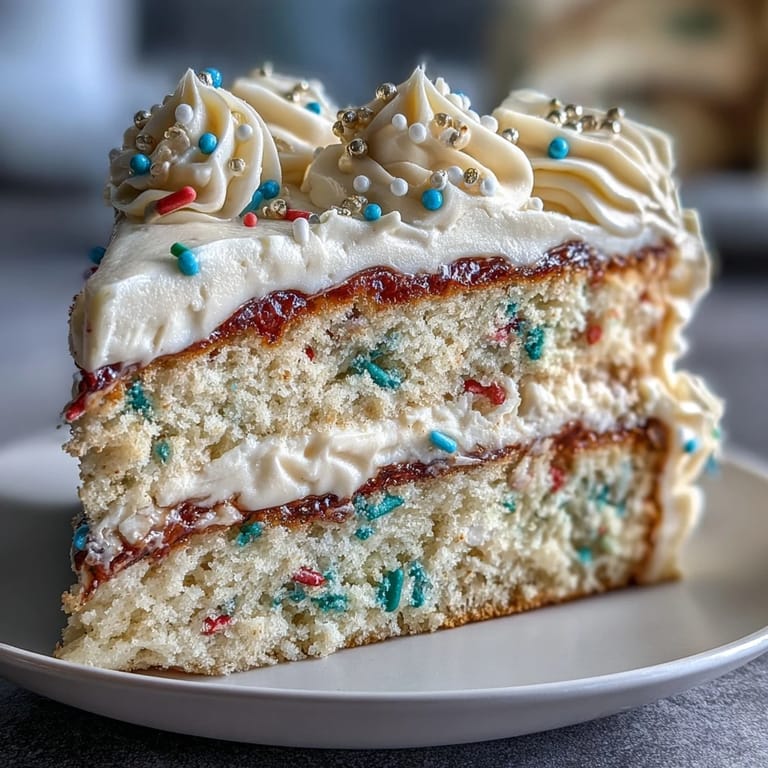 Layered vanilla cake filled with colorful sprinkles, topped with luxurious champagne buttercream and edible glitter for a sparkling dessert.