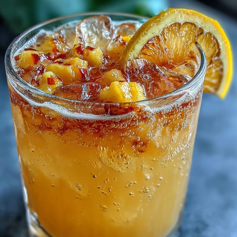 Tropical fruit punch with diced mango, pineapple, and lemon slices floating in a sparkling lemonade blend, ideal for lively grad party toasts.