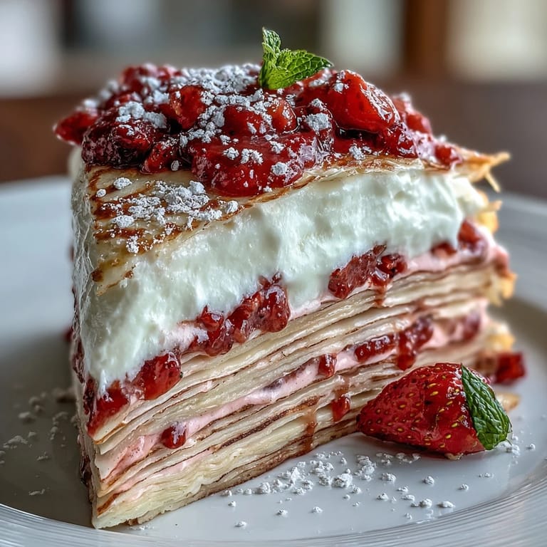 Decadent French crêpe cake featuring airy layers of tender crêpes and rich strawberry mascarpone filling, perfect for a Mother's Day celebration.