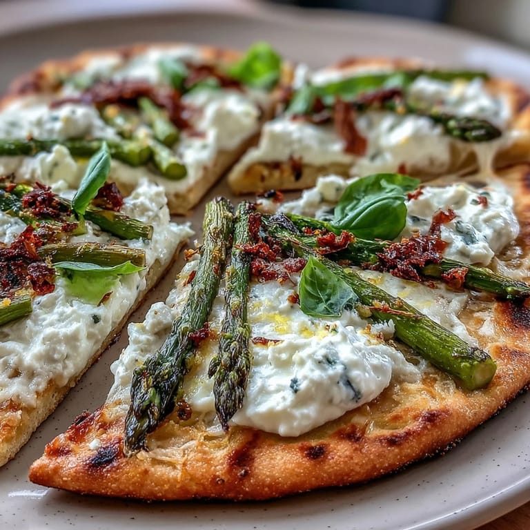 A vibrant spring appetizer with roasted asparagus, rich burrata, and zesty lemon atop golden, oven-crisped flatbread.