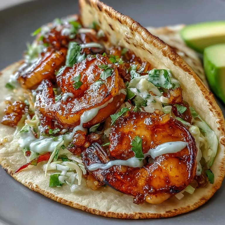 Sweet and savory honey garlic shrimp piled high in soft tortillas, topped with vibrant red cabbage slaw and creamy avocado slices.