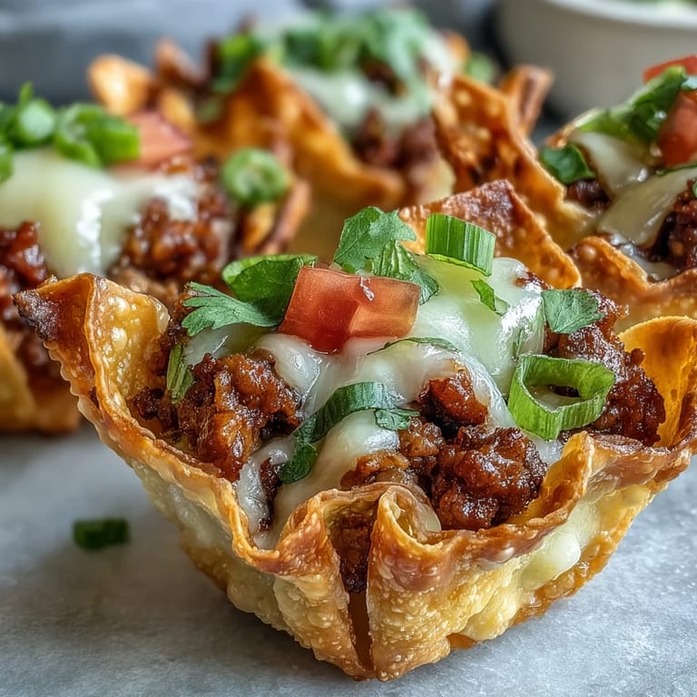 Savory ground beef filling nestled in baked wonton wrappers, ready to serve.