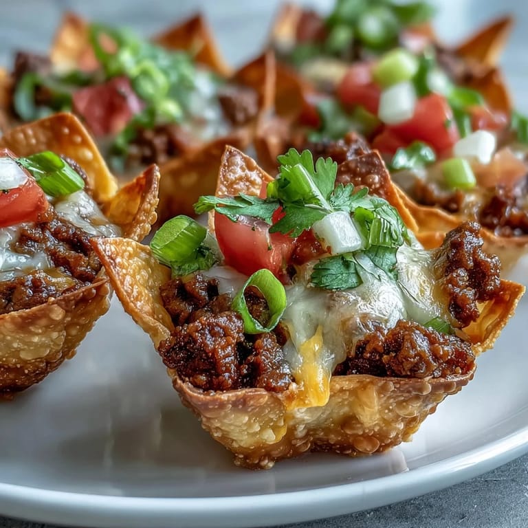 Golden baked wonton taco cups topped with shredded cheese, a delicious appetizer.