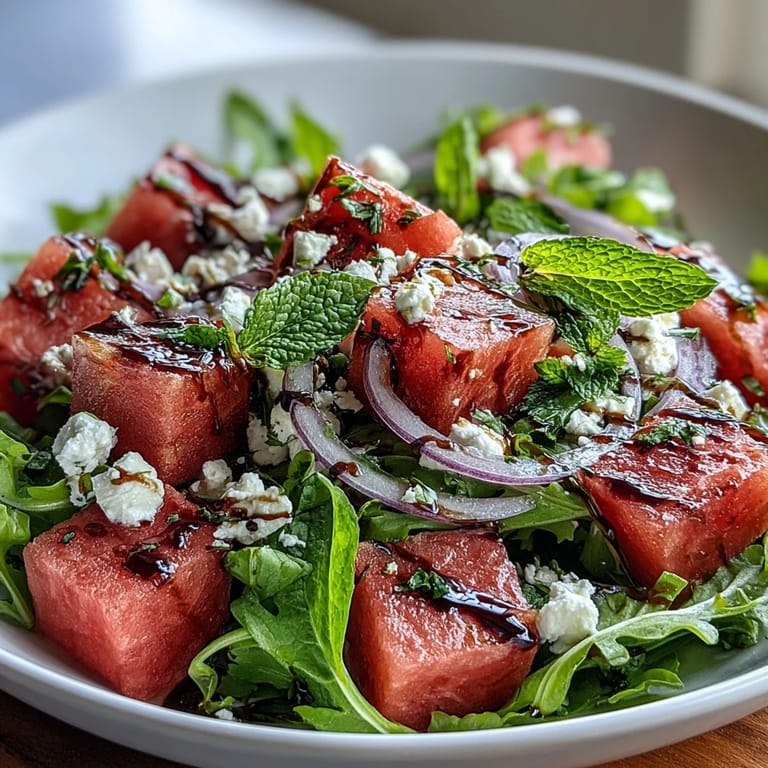 Refreshing Watermelon Feta Arugula Salad served as a perfect summer side dish.