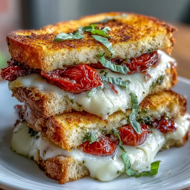 Perfectly toasted Caprese grilled cheese sandwich with vibrant tomato and basil pesto.
