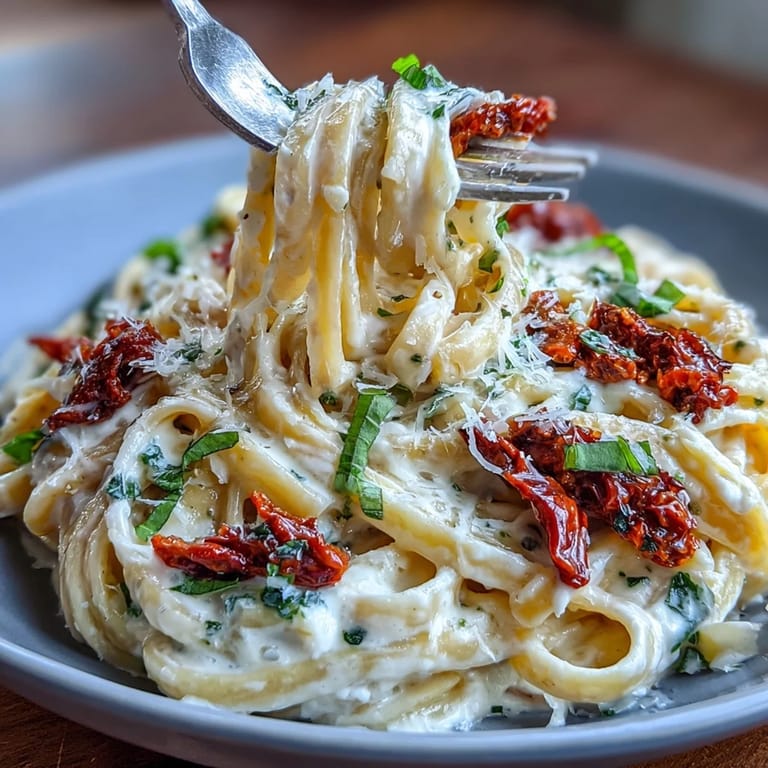Close-up of sun-dried tomato alfredo pasta, showing luscious sauce coating tender fettuccine noodles.