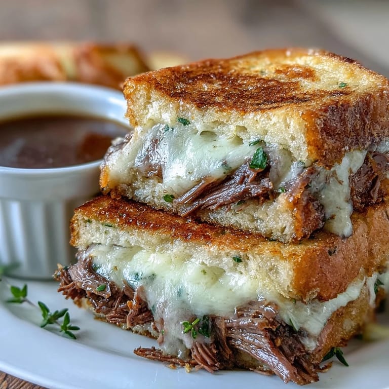 Juicy roast beef and gooey cheese sandwich, perfect for French Dip dipping.