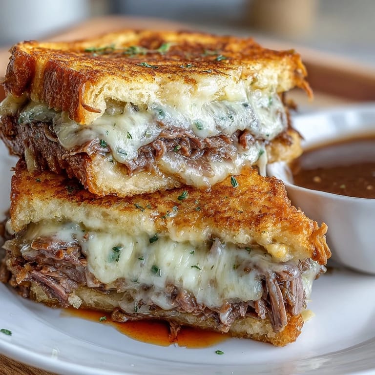 Savory French Dip Grilled Cheese, grilled to perfection with a side of seasoned au jus.
