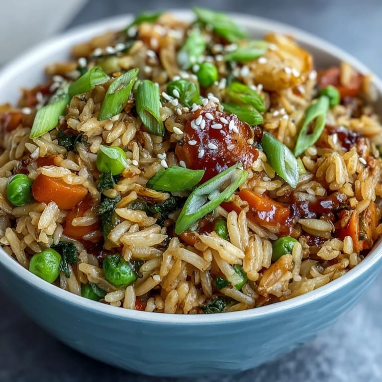 Savory orzo fried rice featuring tender egg and fresh green onions, ready to enjoy.