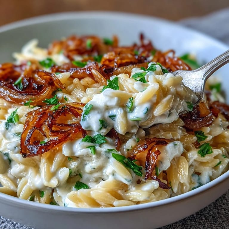 Hearty orzo pasta with deeply caramelized onions and melted goat cheese, ready to serve.