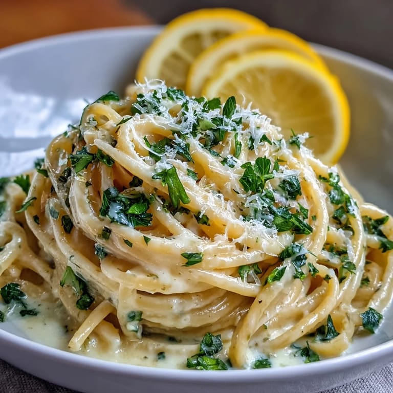 Comforting, zesty lemon garlic pasta dish served with Parmesan and fresh lemon wedges.