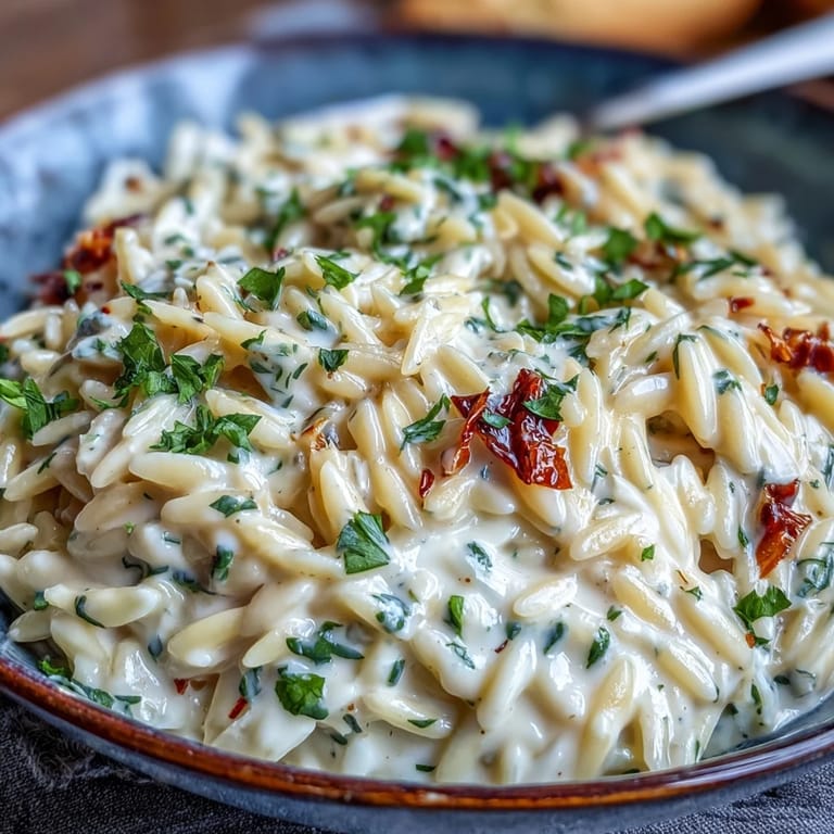 Rich Parmesan Truffle Orzo, glistening with truffle oil, ready to serve.