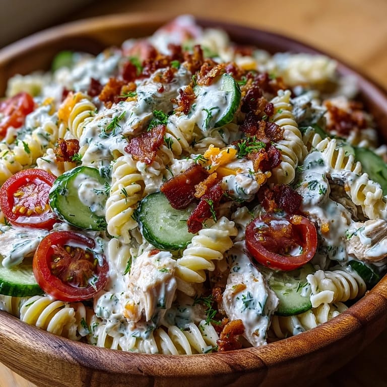 Hearty Creamy Chicken Bacon Ranch Pasta Salad, a delicious, chilled meal for any gathering.