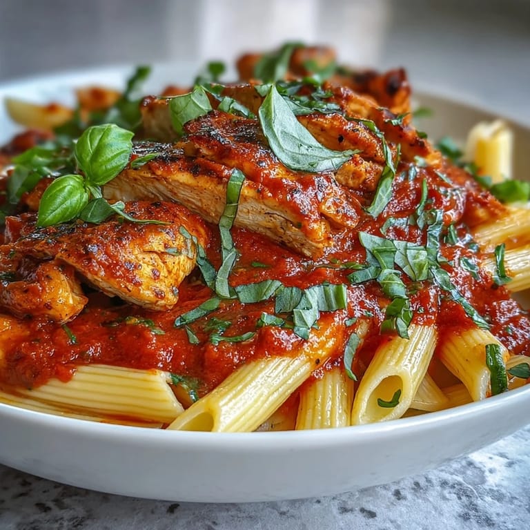 Delectable pasta coated in bright basil tomato sauce with seasoned chicken.