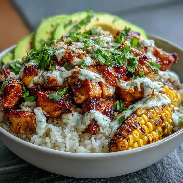 Enjoy a hearty, flavorful Street Corn Chicken Rice Bowl with avocado and lime.
