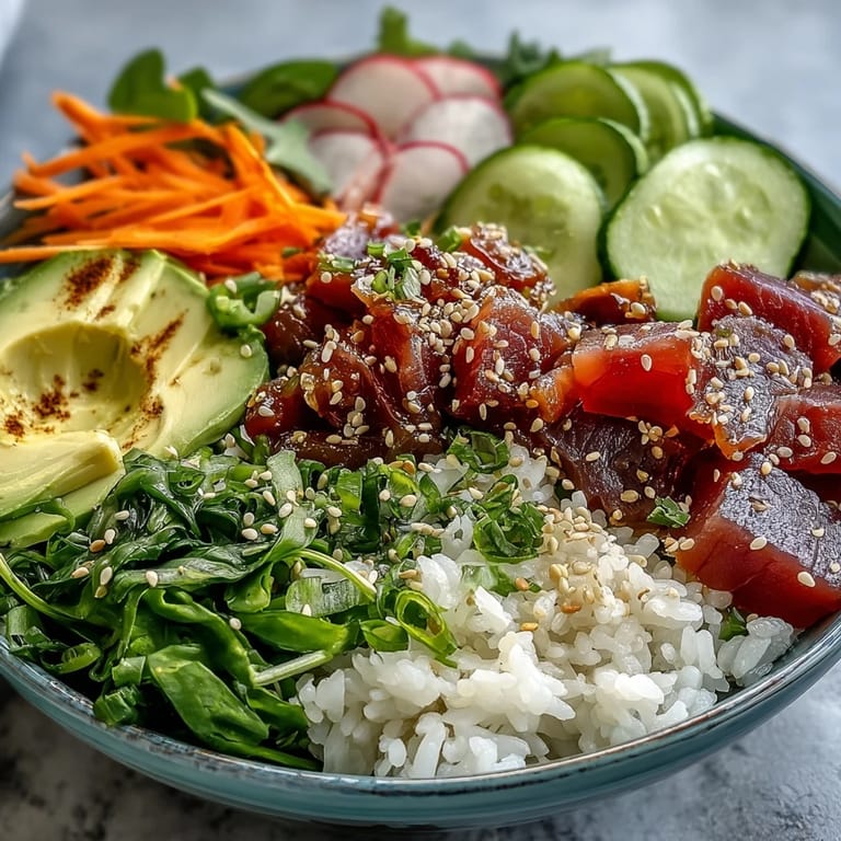 Vibrant canned tuna poke bowl, quick meal with crisp veggies and satisfying rice.