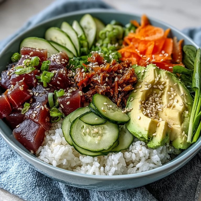 Delicious canned tuna poke bowl, easily assembled with vibrant toppings and poke sauce.