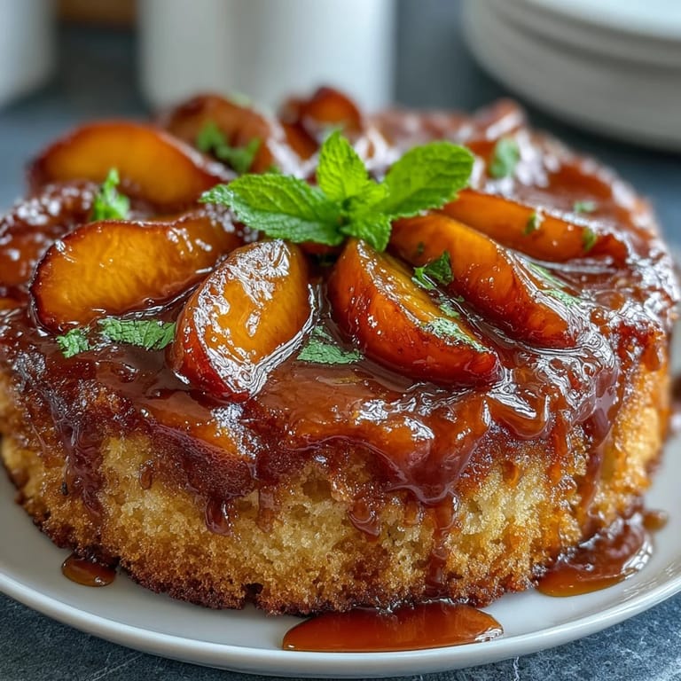 Decadent peach upside-down cake, warm spices mingling with sweet baked fruit.