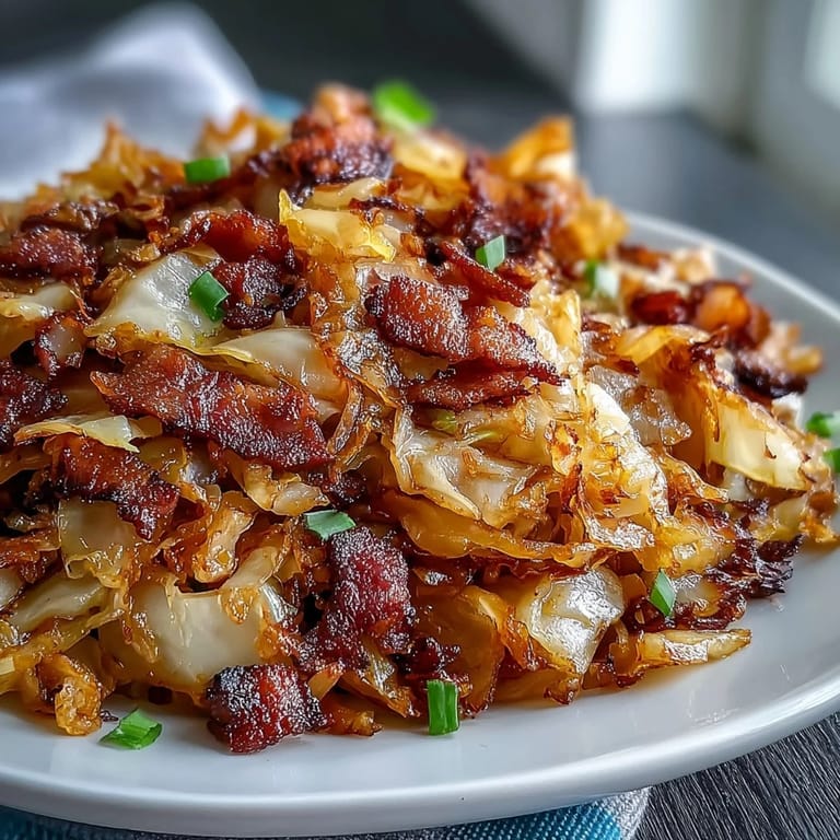 Generous portion of fork-tender fried cabbage, onions, and bacon medley.