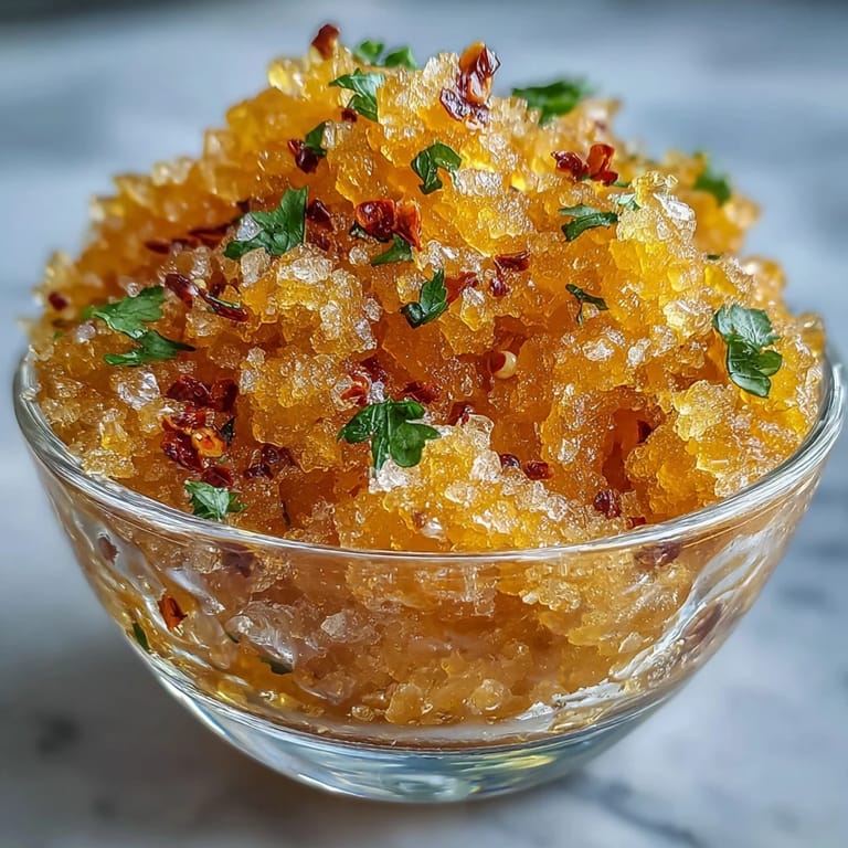 Chilled mango chili crisp granita, a sweet and spicy summer treat.