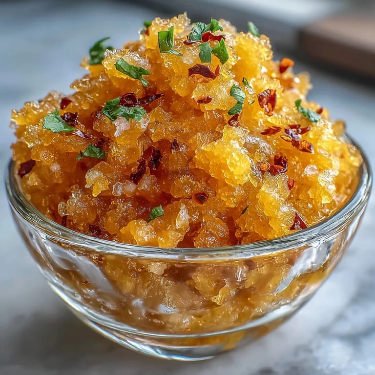 Scraped mango granita flecked with chili crisp, perfect for dessert lovers.