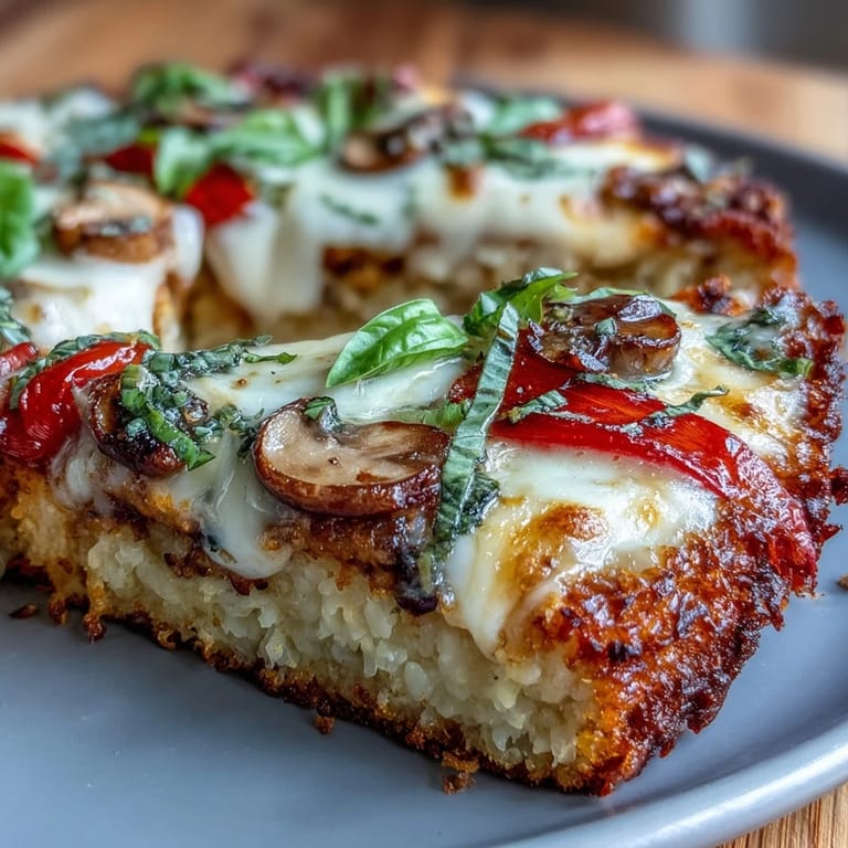 Crispy gluten-free Leftover Rice Pizza Crust showing golden edges and fresh toppings.