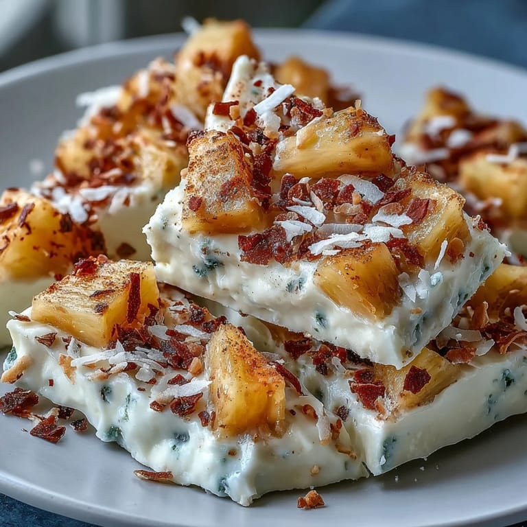 Picture creamy Pineapple Tajín Frozen Yogurt Bark, dotted with sweet pineapple chunks.