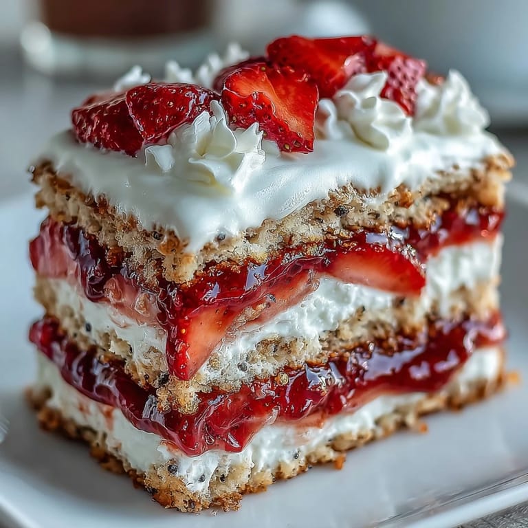 Visually striking black sesame shortcake layers with vibrant strawberries and fluffy whipped cream.