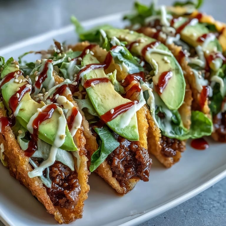 Golden fried crispy rice burger tacos, filled with savory beef and creamy toppings.