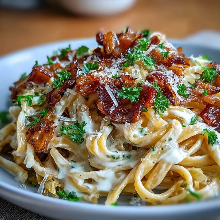Golden sautéed cabbage and bacon complement this indulgent Alfredo pasta dish.