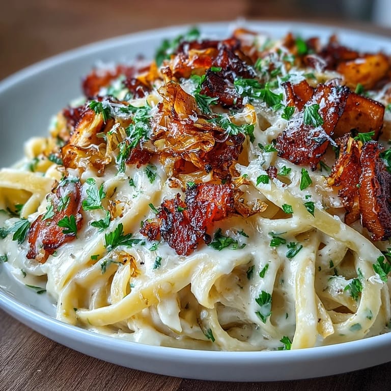 A hearty serving of pasta tossed with bacon, cabbage, and creamy Alfredo.