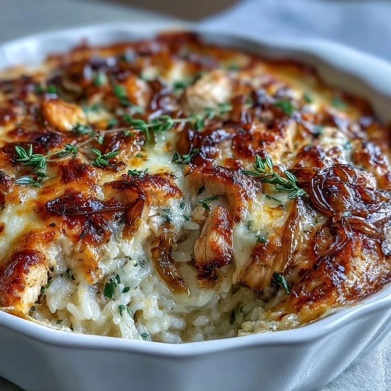 Savory French Onion Chicken Rice Bake with tender chicken and onions.