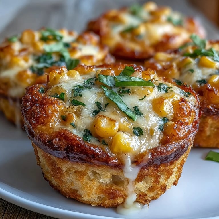 Warm Corn Cheddar Pizza Muffins, a perfect bite with pizza sauce and herbs.