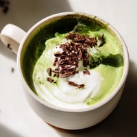 Frothy Collagen Peppermint Mocha Matcha Latte, a vibrant green and cocoa-brown drink topped with whipped cream.