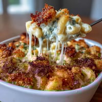 Four-Cheese Mac & Cheese Bake with golden breadcrumb topping and bubbling cheese sauce, served fresh from the oven.  
