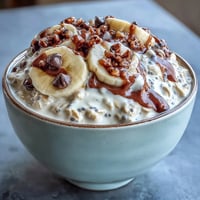 Creamy overnight oats with banana slices and dark chocolate chunks, perfect for a quick, healthy breakfast.