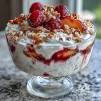 Creamy yogurt layered with sweet peaches, tangy raspberry sauce, and crunchy toasted almonds in elegant dessert cups.