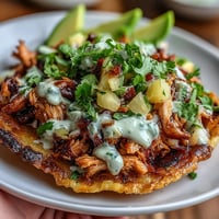 Crispy tostadas piled high with tender chicken, zesty pineapple salsa, and a creamy lime drizzle.  