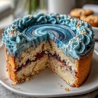 Pisces-Themed Galaxy Cake with Edible Glitter: a celestial layer cake with swirls of blue and purple buttercream, shimmering edible glitter, and moist vanilla sponge.