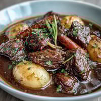 A comforting bowl of cozy beef stew with tender beef and root vegetables in a rich, savory broth.  