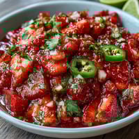Fresh strawberry salsa with lime and jalapeño, a vibrant and zesty dip bursting with sweet and spicy flavors.
