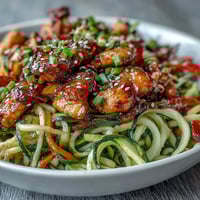 Healthy Easy Zucchini Noodle Stir Fry with Chicken - colorful spiralized zucchini noodles tossed with tender chicken, crisp bell peppers, and carrots in a savory, low-carb sauce.  