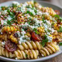 Creamy Mexican street corn pasta salad with charred corn and cotija cheese in a tangy lime dressing.  