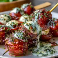 Caprese skewers with pesto drizzle, showcasing fresh mozzarella, cherry tomatoes, and basil on a rustic serving board.